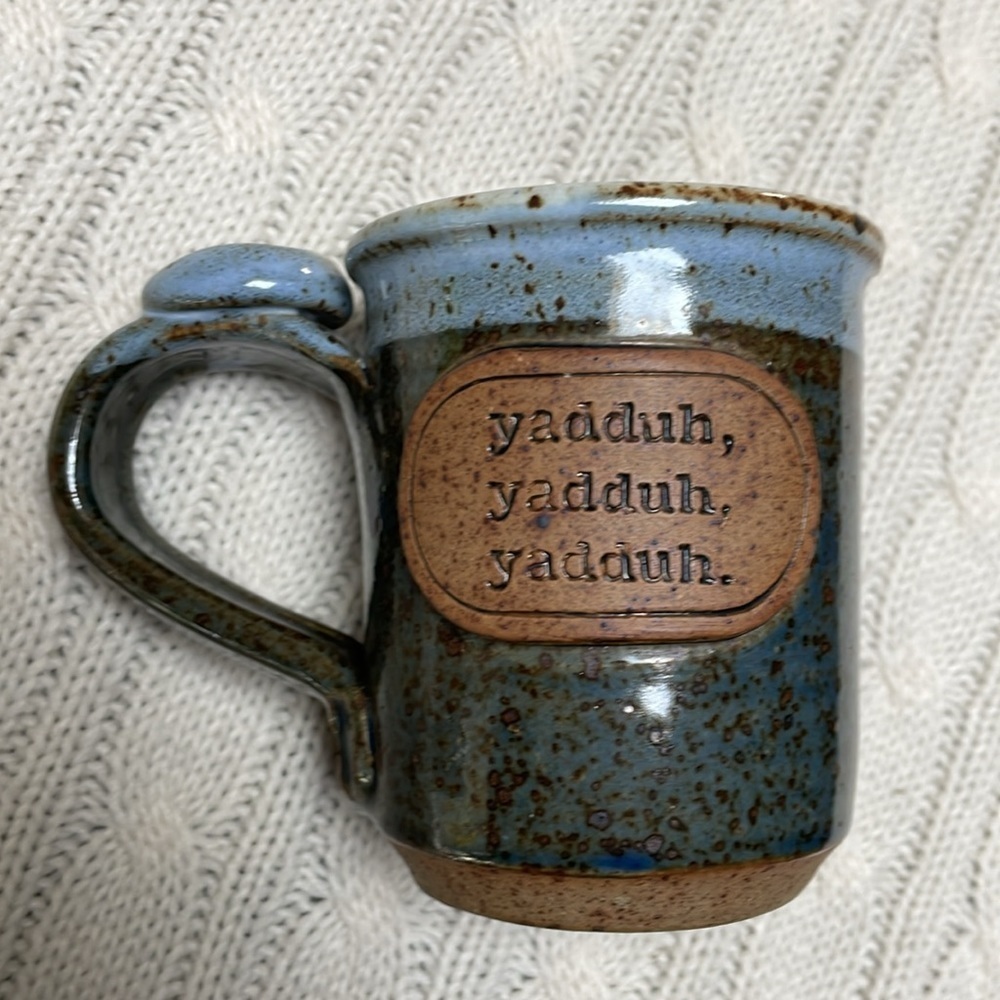 Artisan glazed coffee cup. Pottery. Stoneware. Yadduh, yaddah, yaddah 2 toned - Picture 3 of 9